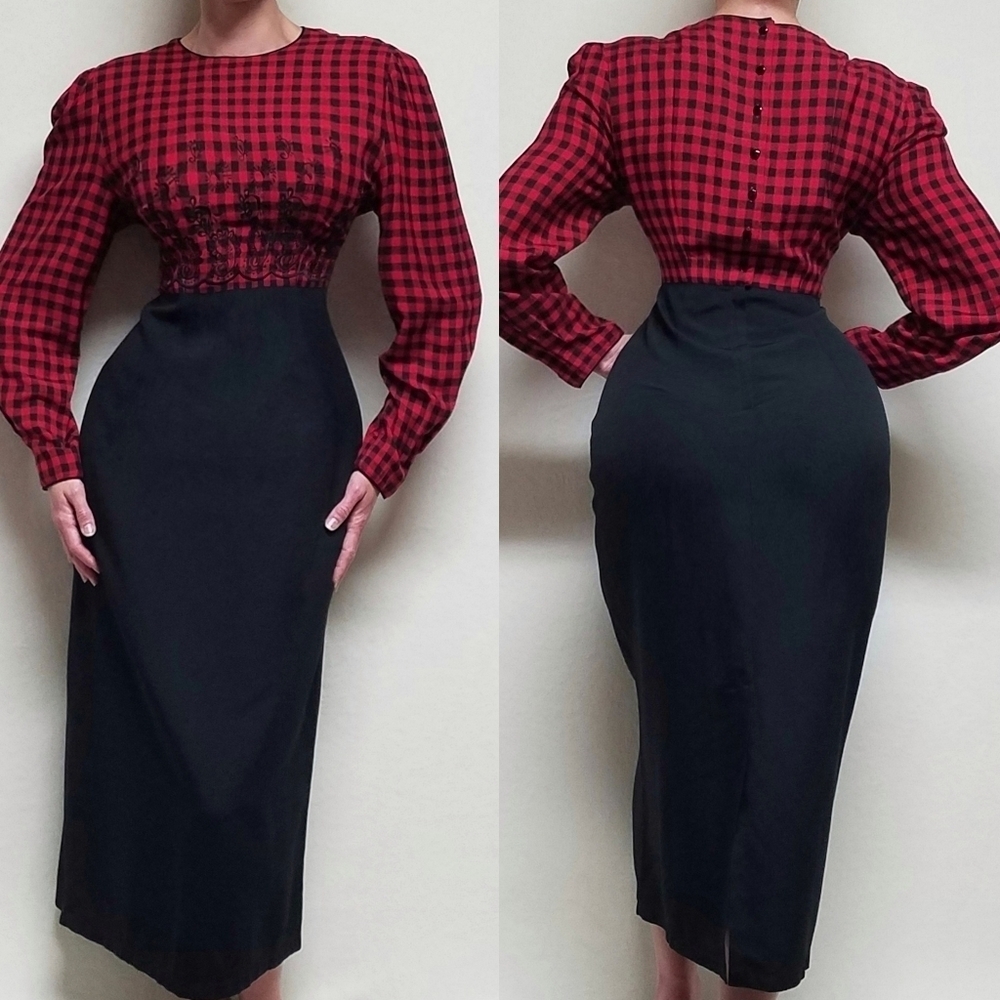 Vintage 80s Sarah Elizabeth Red Black Plaid Floral Embroidered Colorblock Dress